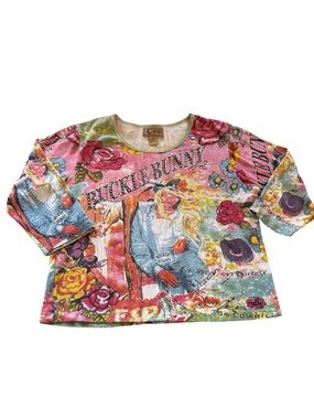 Y2K Buckle Bunny Western Graphic Top XL Pink Cowgirl Rhinestone 3/4 Sleeve Tee